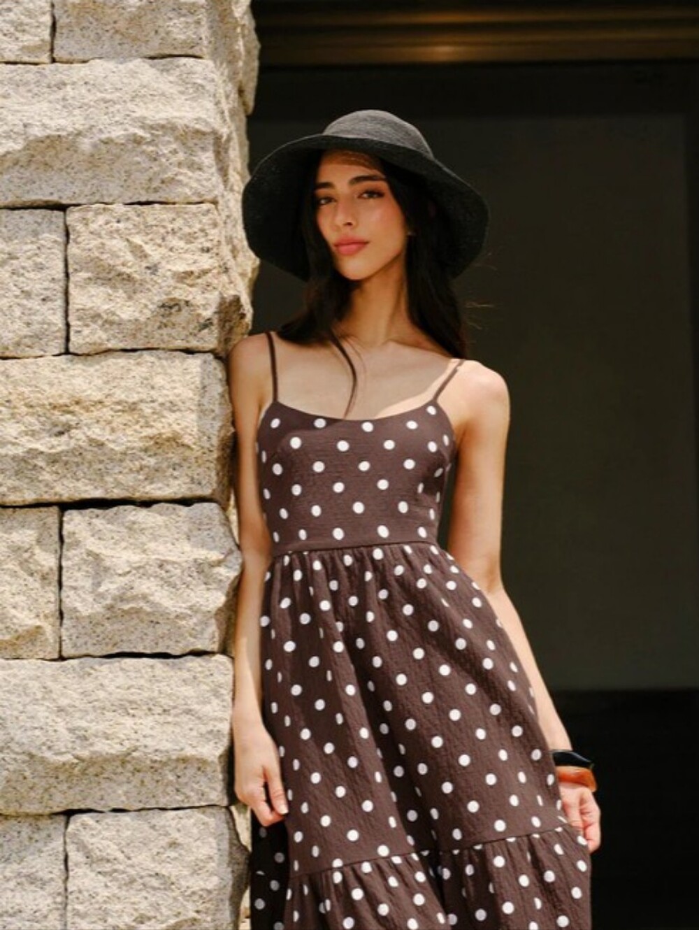 NWT Cotton Backless Polka Dot Dress - Brown with White Dots